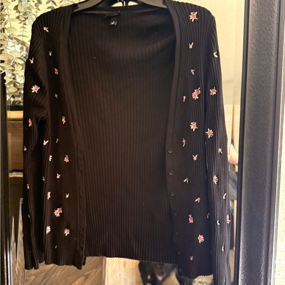 Torrid Black Cardigan with Pink Floral Embroidery